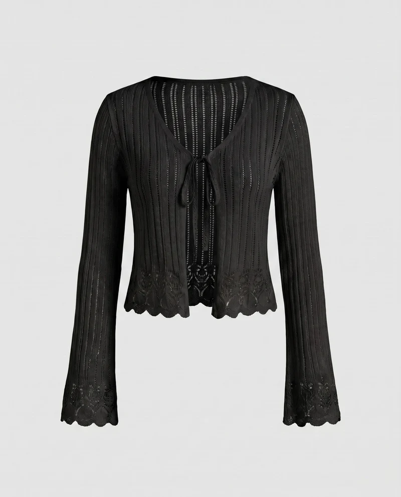 Damen Zarte Strickjacke mit Lochmuster und Rüschendetails