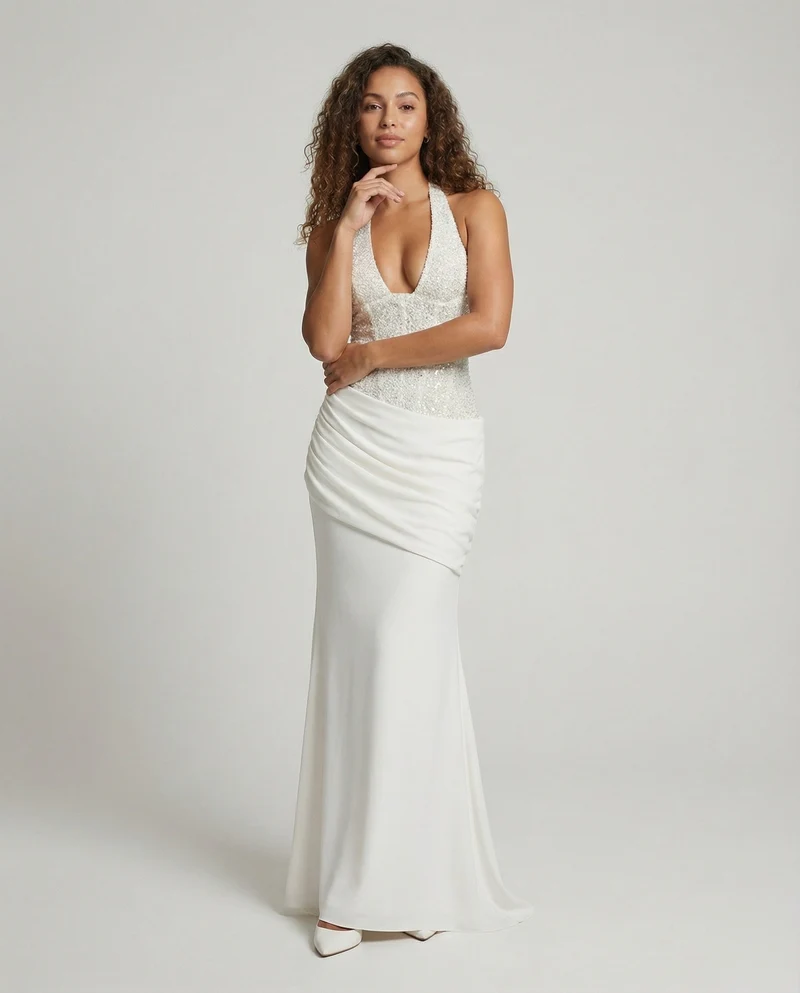 Damen nan elegantes Paillettenkleid mit Halterhals, tiefem V-Ausschnitt und gerafftem Wickelrock Nord Taschen