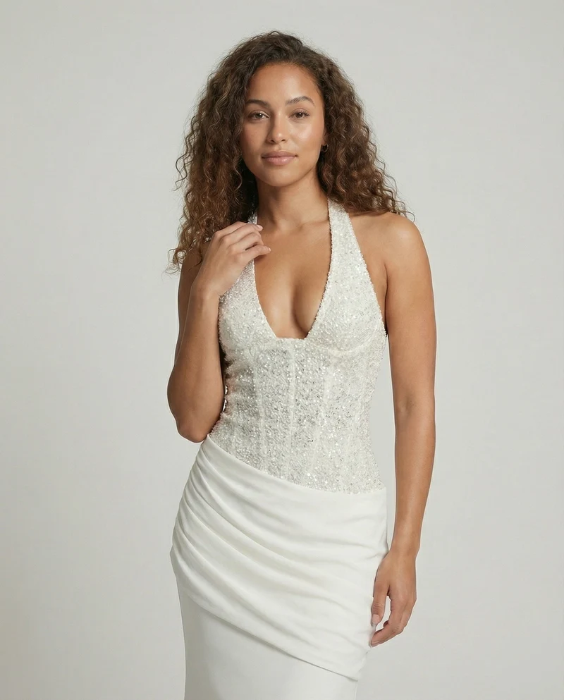 Damen nan elegantes Paillettenkleid mit Halterhals, tiefem V-Ausschnitt und gerafftem Wickelrock Nord Taschen