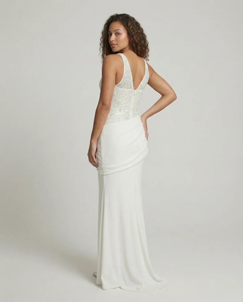 Damen nan elegantes Paillettenkleid mit Halterhals, tiefem V-Ausschnitt und gerafftem Wickelrock Nord Taschen