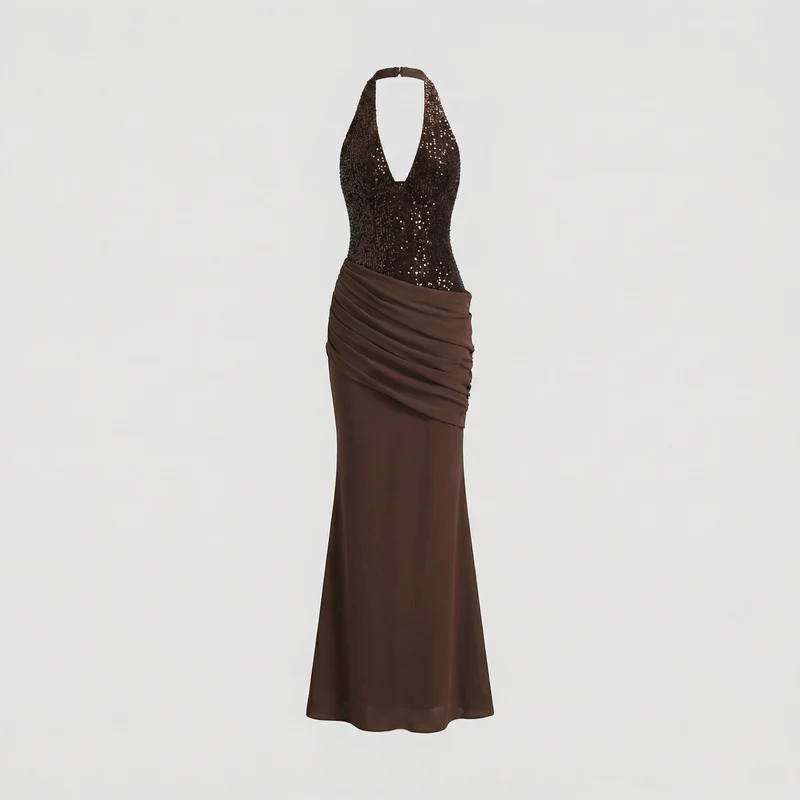 Damen nan elegantes Paillettenkleid mit Halterhals, tiefem V-Ausschnitt und gerafftem Wickelrock Nord Taschen
