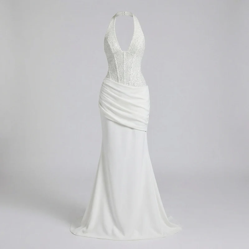 Damen nan elegantes Paillettenkleid mit Halterhals, tiefem V-Ausschnitt und gerafftem Wickelrock Nord Taschen