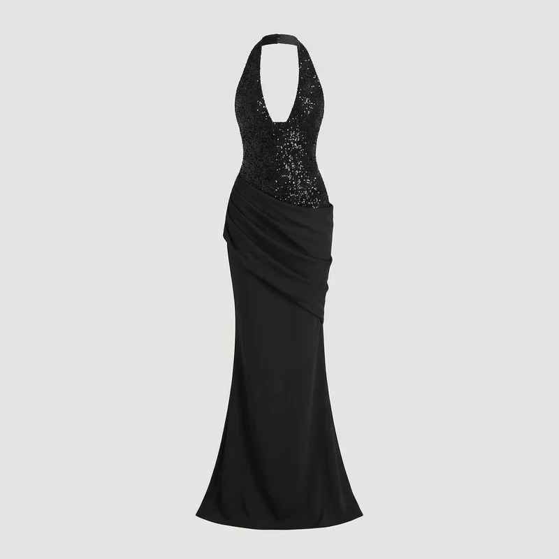 Damen nan elegantes Paillettenkleid mit Halterhals, tiefem V-Ausschnitt und gerafftem Wickelrock Nord Taschen