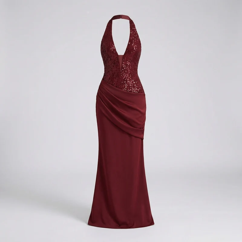 Damen nan elegantes Paillettenkleid mit Halterhals, tiefem V-Ausschnitt und gerafftem Wickelrock Nord Taschen