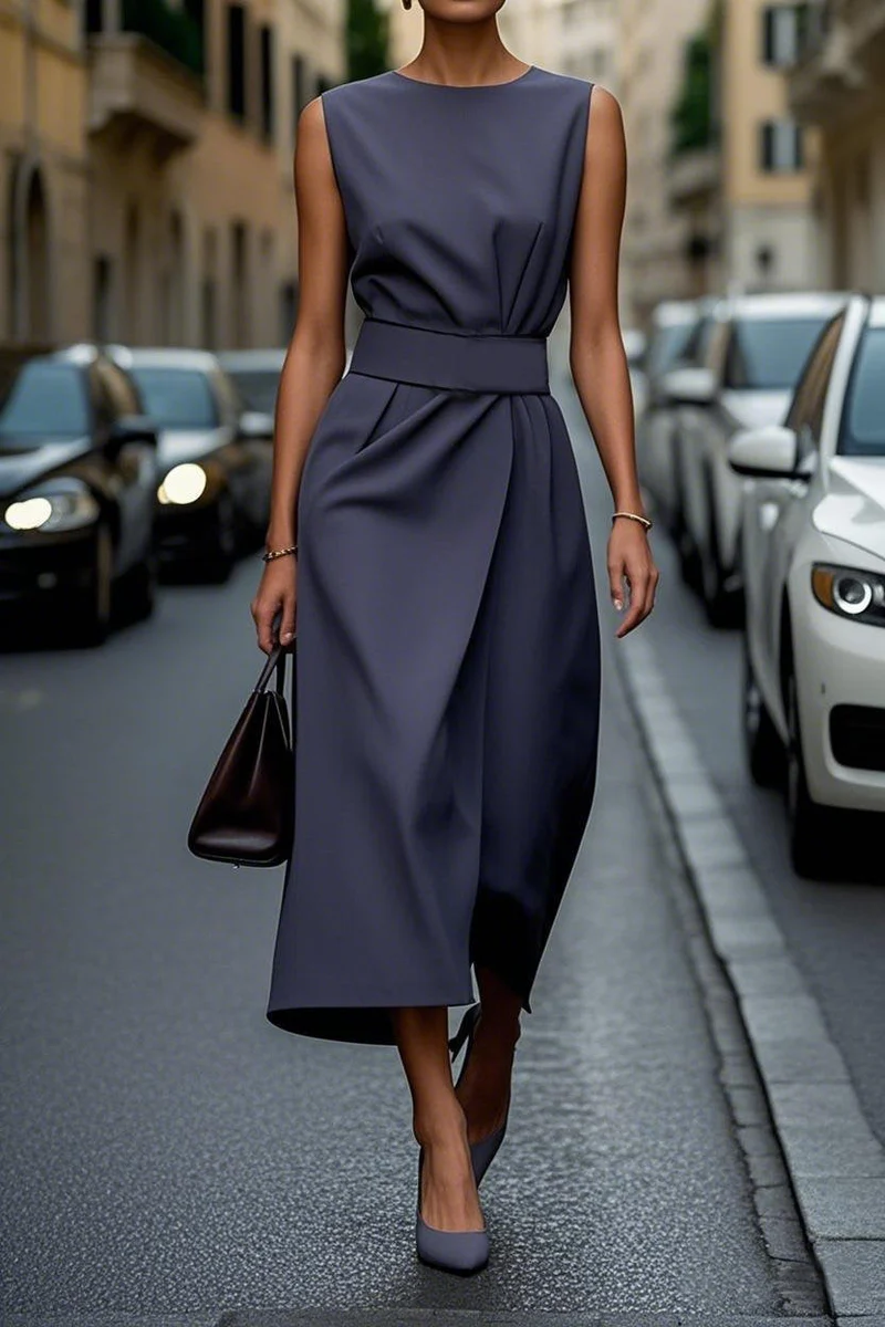 Damen gehobenes Maxi-Kleid mit elegantem Taillengürtel und fließendem Schnitt