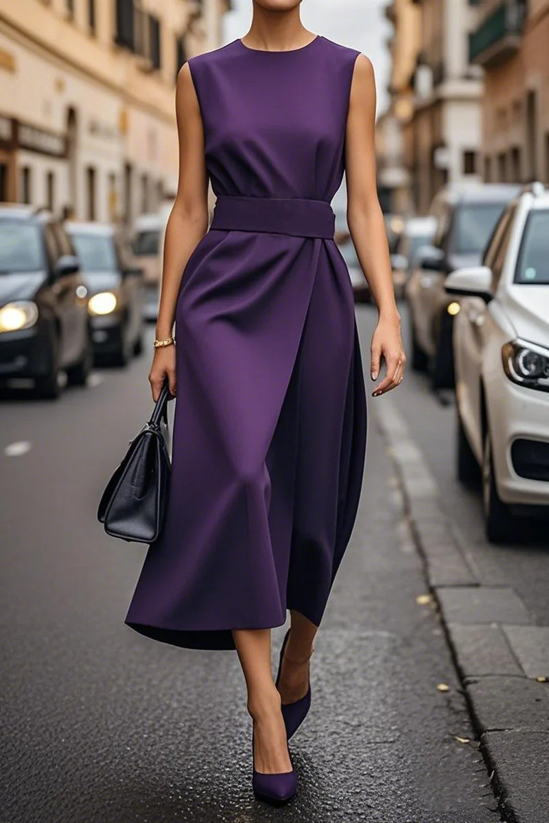Damen gehobenes Maxi-Kleid mit elegantem Taillengürtel und fließendem Schnitt