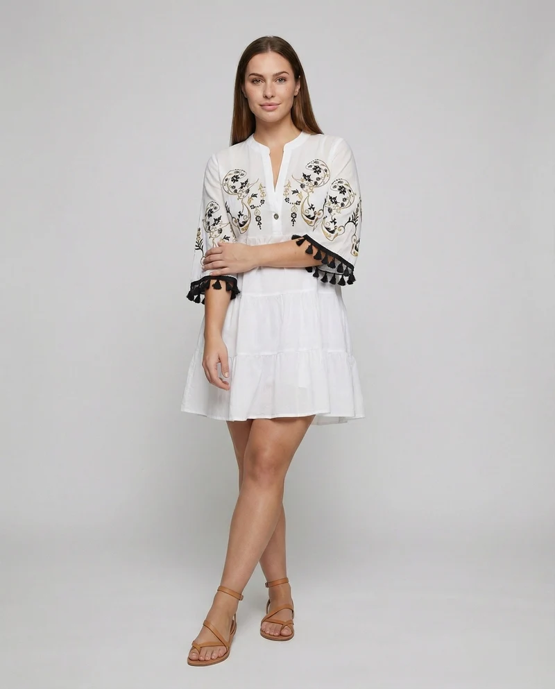 Damen nan kurz geschnittenes Tunika-Kleid mit orientalischer Stickerei, Glockenärmeln und Quastenbesatz