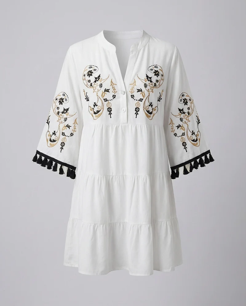 Damen nan kurz geschnittenes Tunika-Kleid mit orientalischer Stickerei, Glockenärmeln und Quastenbesatz