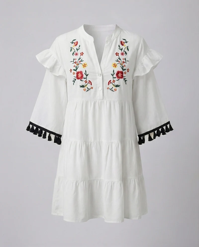 Damen nan kurz geschnittenes Tunika-Kleid mit orientalischer Stickerei, Glockenärmeln und Quastenbesatz