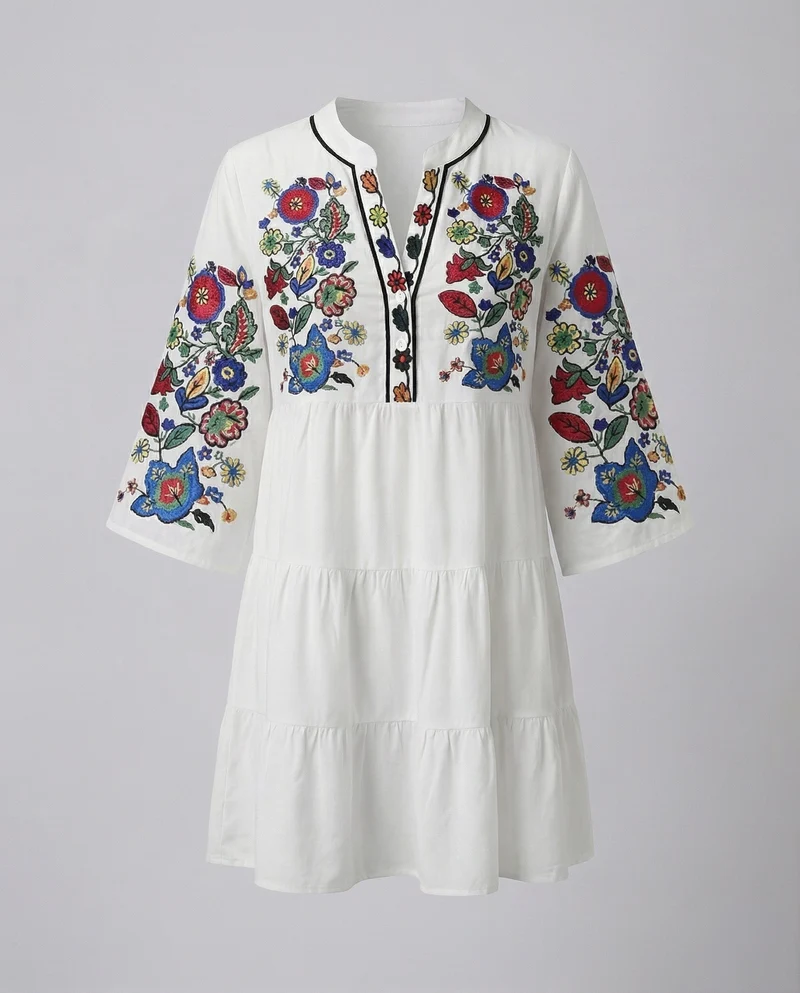 Damen nan kurz geschnittenes Tunika-Kleid mit orientalischer Stickerei, Glockenärmeln und Quastenbesatz