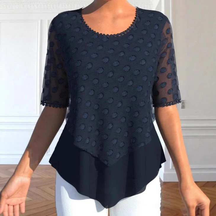 Damen nan Tüllbluse mit bestickten Punkten, halbtransparenten Ärmeln und asymmetrischem Stufensaum