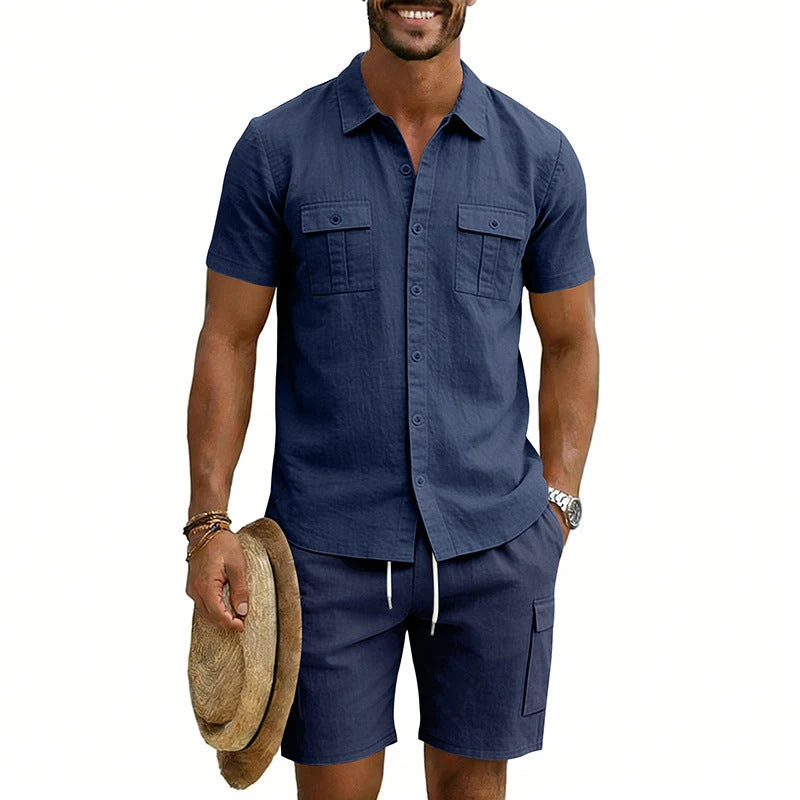 Herren nan sommerliches Freizeitset aus Baumwoll-Leinenmix mit Kurzarm-Hemd und Cargo-Shorts