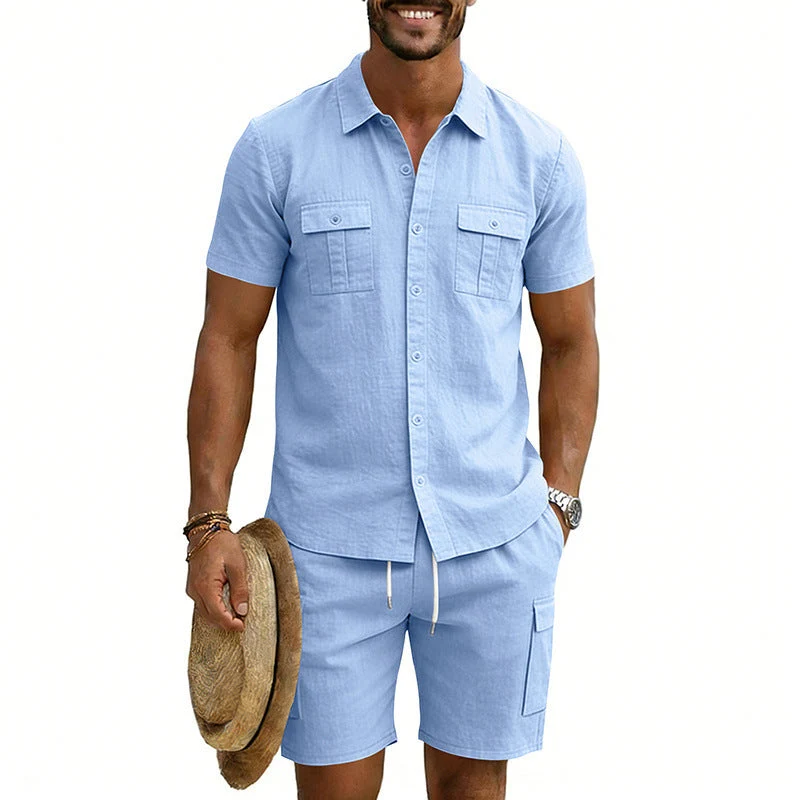 Herren nan sommerliches Freizeitset aus Baumwoll-Leinenmix mit Kurzarm-Hemd und Cargo-Shorts