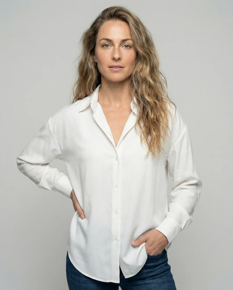Damen nan lockere Hemdbluse mit V-Ausschnitt Hemdkragen und abgerundetem Saum Nord Taschen