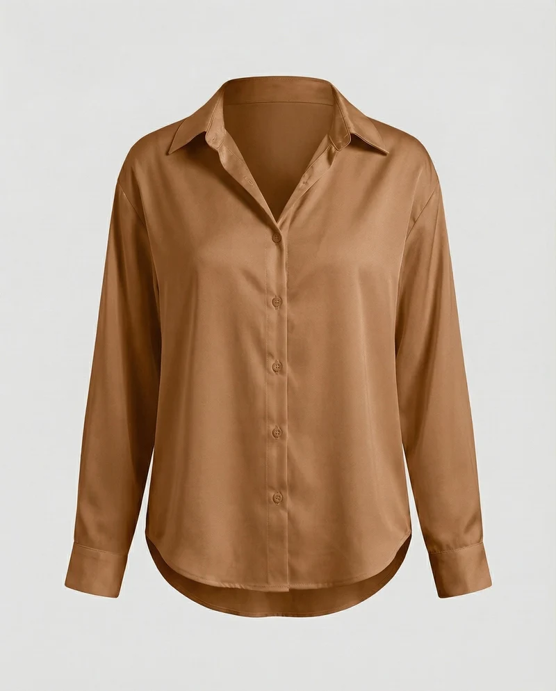 Damen nan lockere Hemdbluse mit V-Ausschnitt Hemdkragen und abgerundetem Saum Nord Taschen