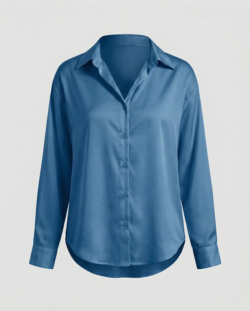 Damen nan lockere Hemdbluse mit V-Ausschnitt Hemdkragen und abgerundetem Saum Nord Taschen