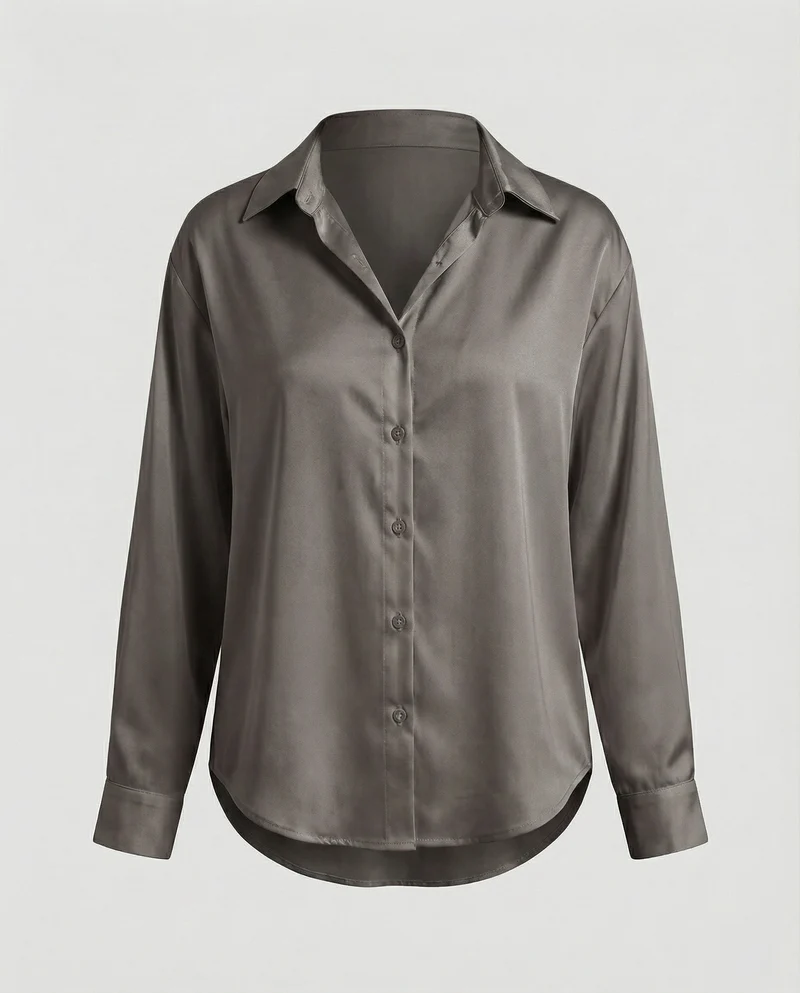 Damen nan lockere Hemdbluse mit V-Ausschnitt Hemdkragen und abgerundetem Saum Nord Taschen