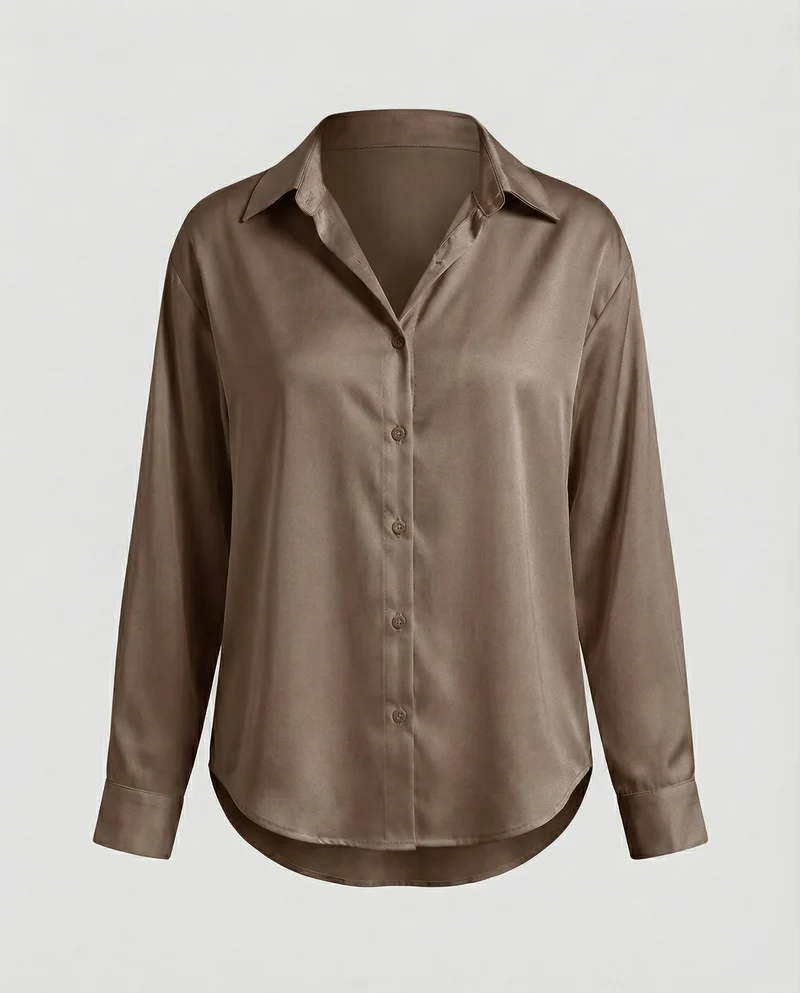 Damen nan lockere Hemdbluse mit V-Ausschnitt Hemdkragen und abgerundetem Saum Nord Taschen
