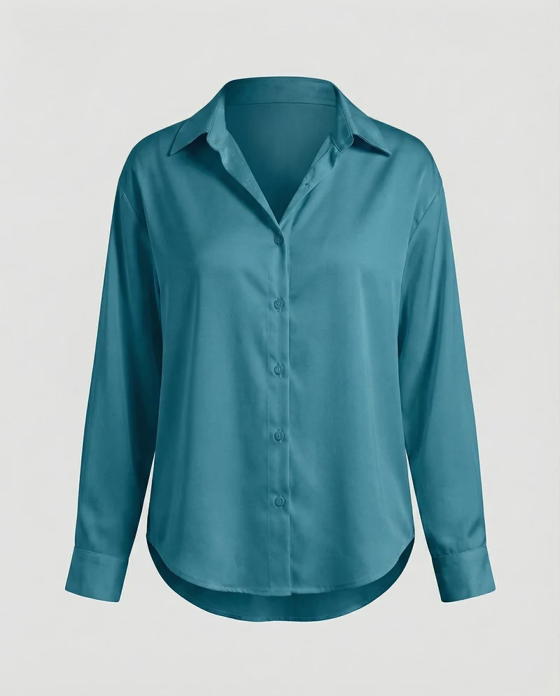 Damen nan lockere Hemdbluse mit V-Ausschnitt Hemdkragen und abgerundetem Saum Nord Taschen