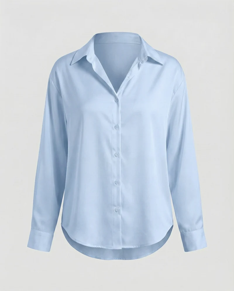 Damen nan lockere Hemdbluse mit V-Ausschnitt Hemdkragen und abgerundetem Saum Nord Taschen