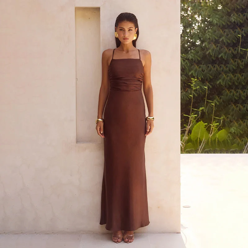 Damen elegantes Maxikleid mit raffiniertem Raffung und verstellbaren Spaghettiträgern Nord Taschen