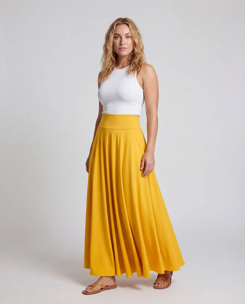 Damen Rundschnitt-Maxirock mit breitem Taillenpanel