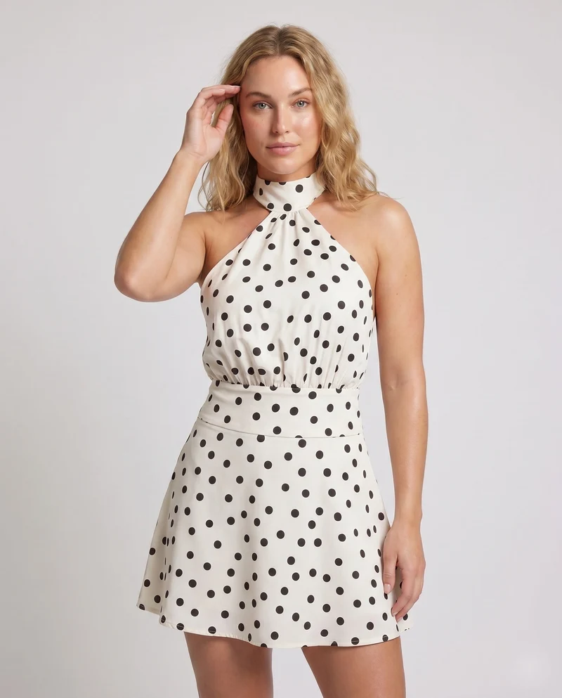 Damen Chic Halterkleid mit Punkten und fließendem Rock