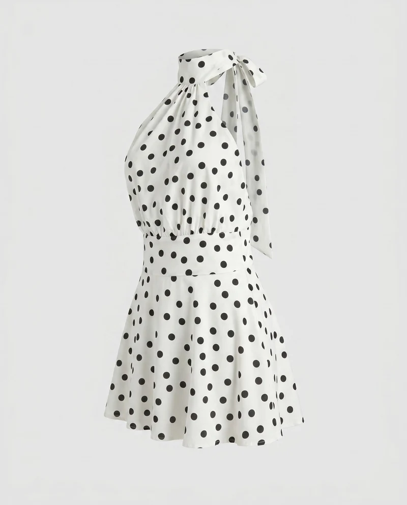 Damen Chic Halterkleid mit Punkten und fließendem Rock