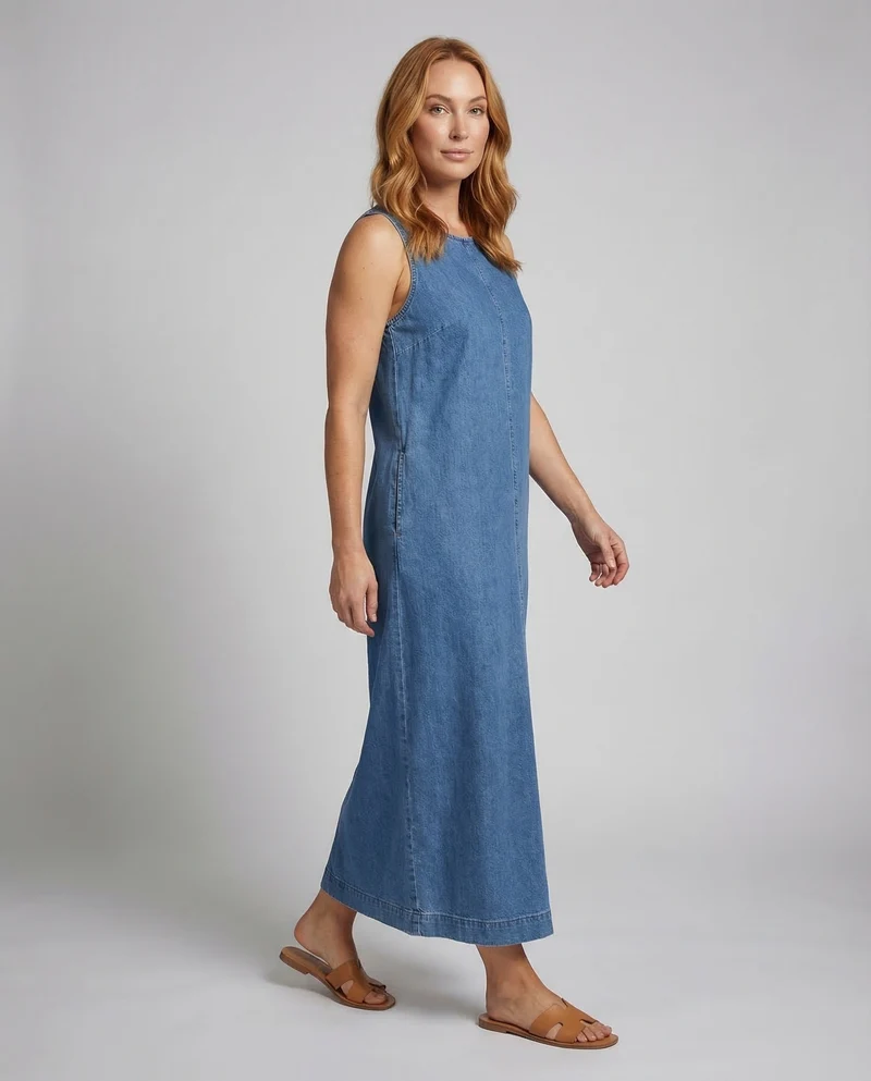 Damen Jeansstoff-Maxikleid Mittige Naht