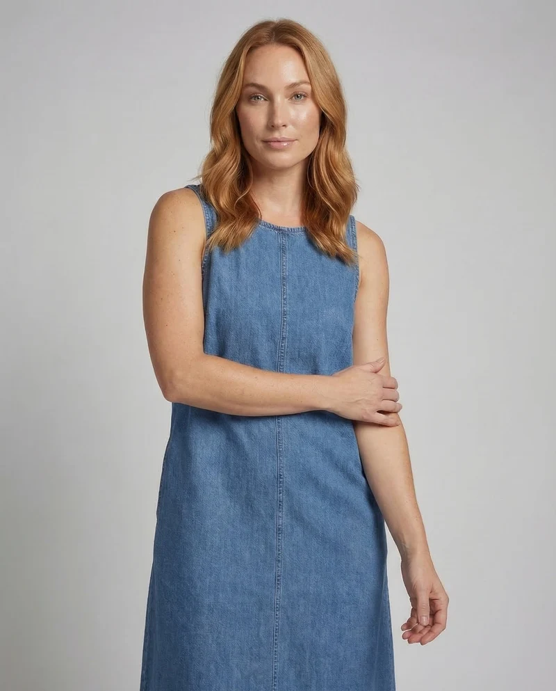 Damen Jeansstoff-Maxikleid Mittige Naht