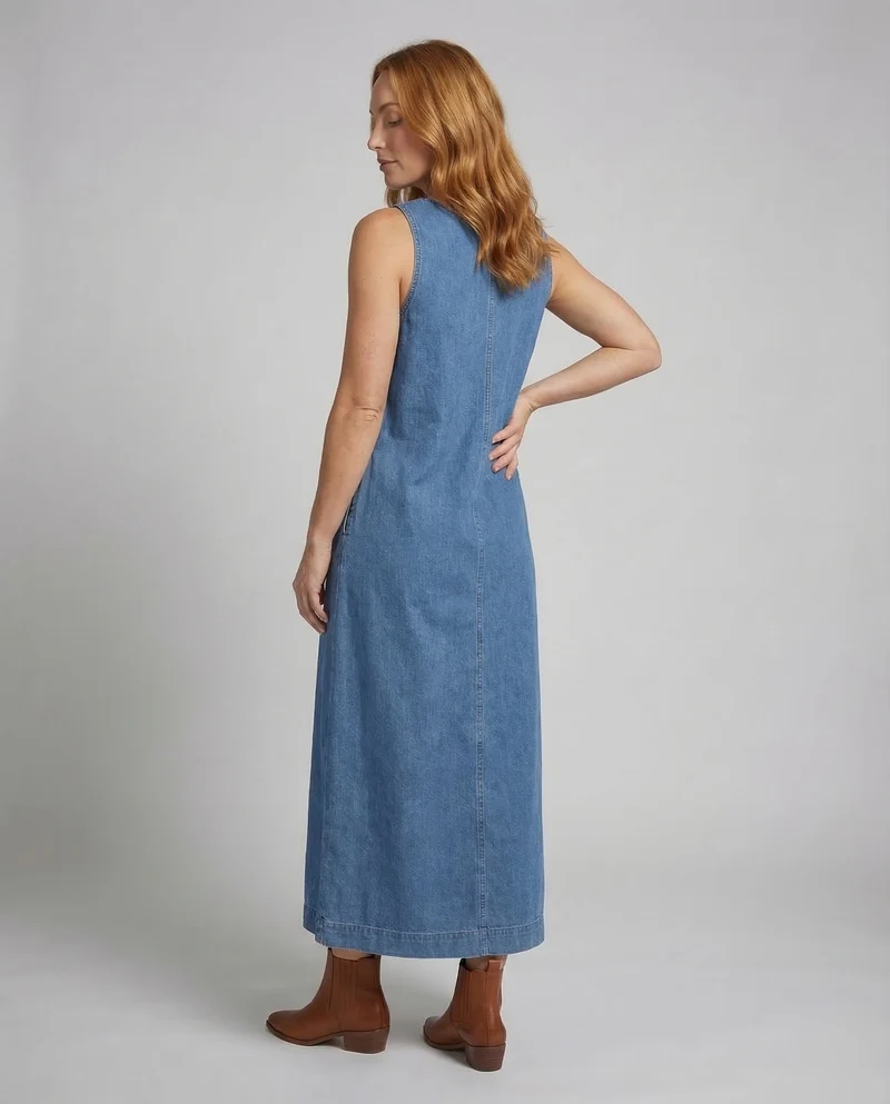 Damen Jeansstoff-Maxikleid Mittige Naht