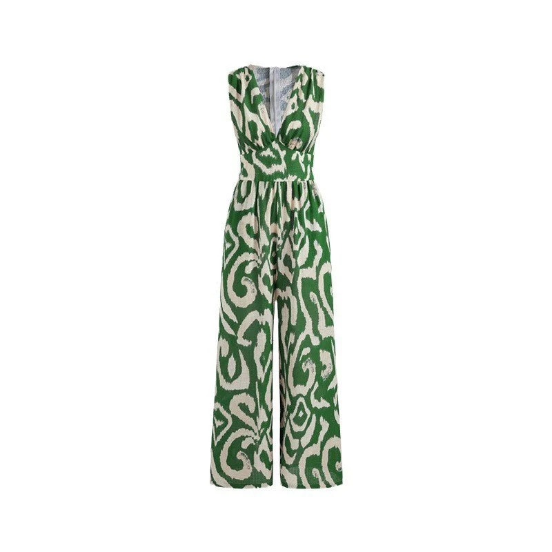 Damen Modischer Maxijumpsuit mit tiefem V-Ausschnitt und elastischem Taillengürtel