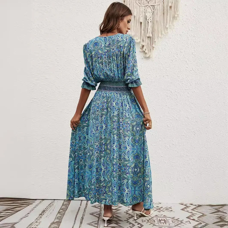 Damen Maxikleid mit abnehmbarem Taillengürtel und kunstvollem Muster