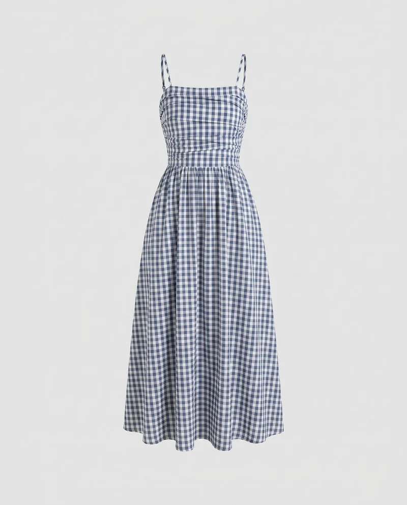 Damen Sommerliches Maxikleid im karierten Design mit schmalen Trägern und tailliertem Schnitt