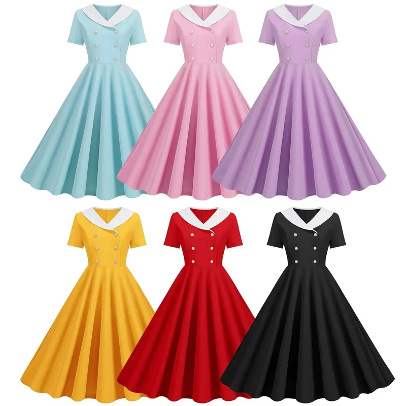 Zomerse Vintage Knopen Grote Zwaai V-hals Jurk