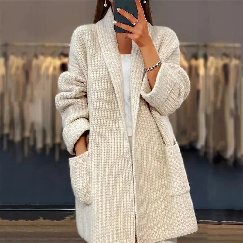 Eleganter Gerippter Gestrickter Cardigan Mit Offener Vorderseite