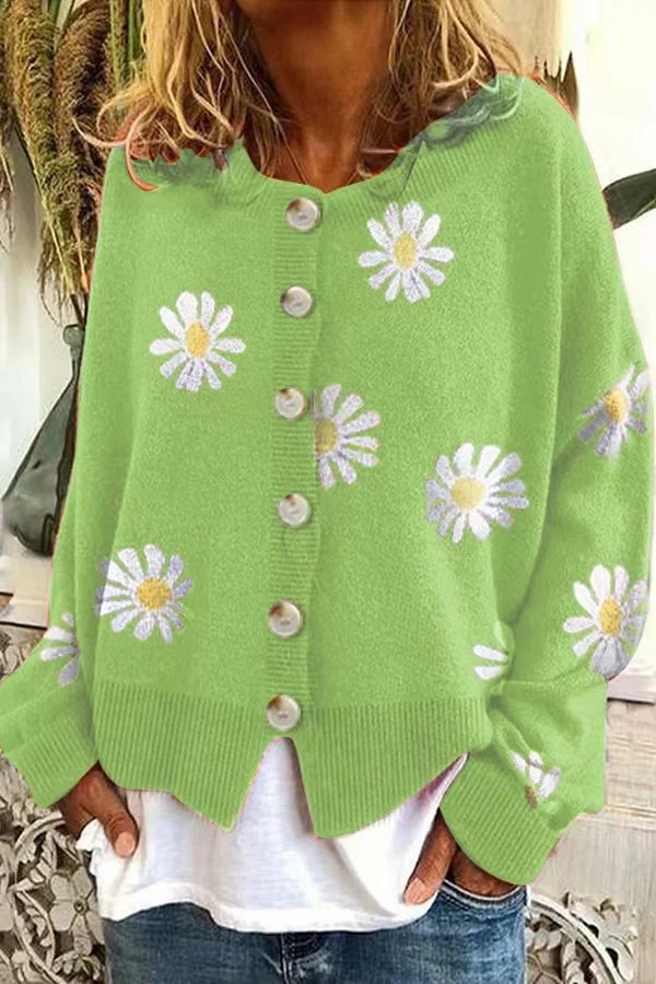 Damen gestreifte Strickjacke mit Blumenmuster