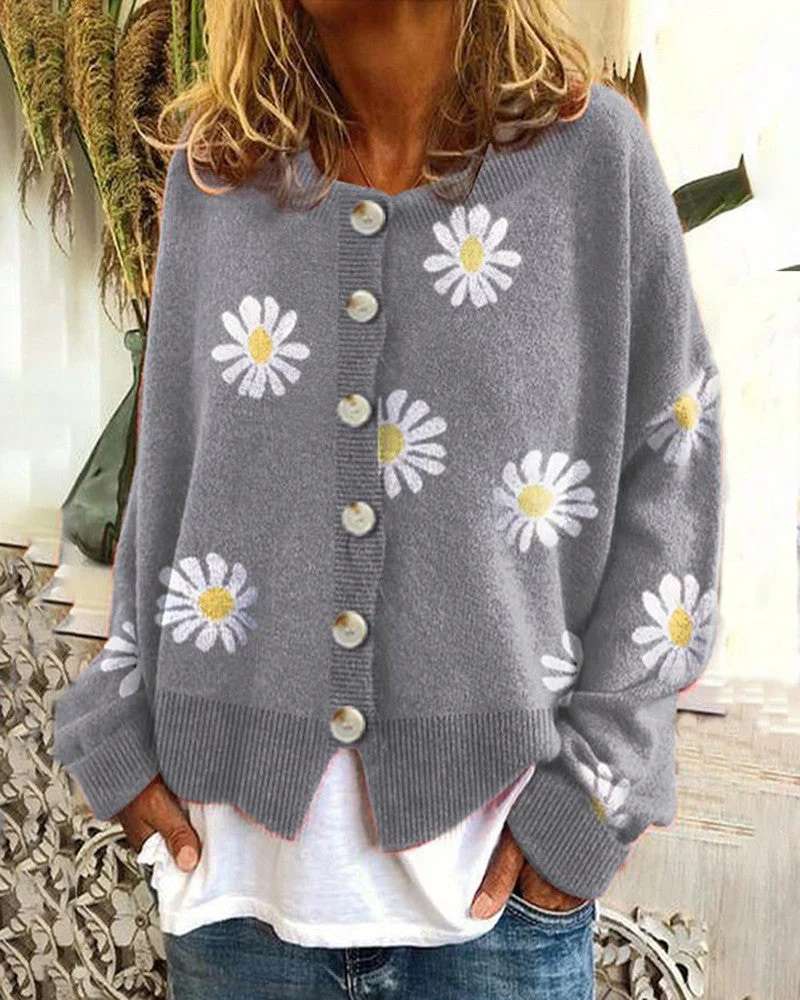 Damen gestreifte Strickjacke mit Blumenmuster