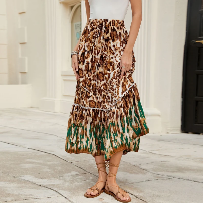 Damen Maxi-Rock mit animalischem Print und raffinierter Volant