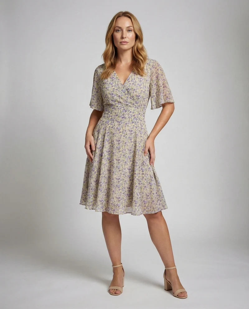 Damen luftiges Chiffon-Swingkleid mit Wickeleffekt