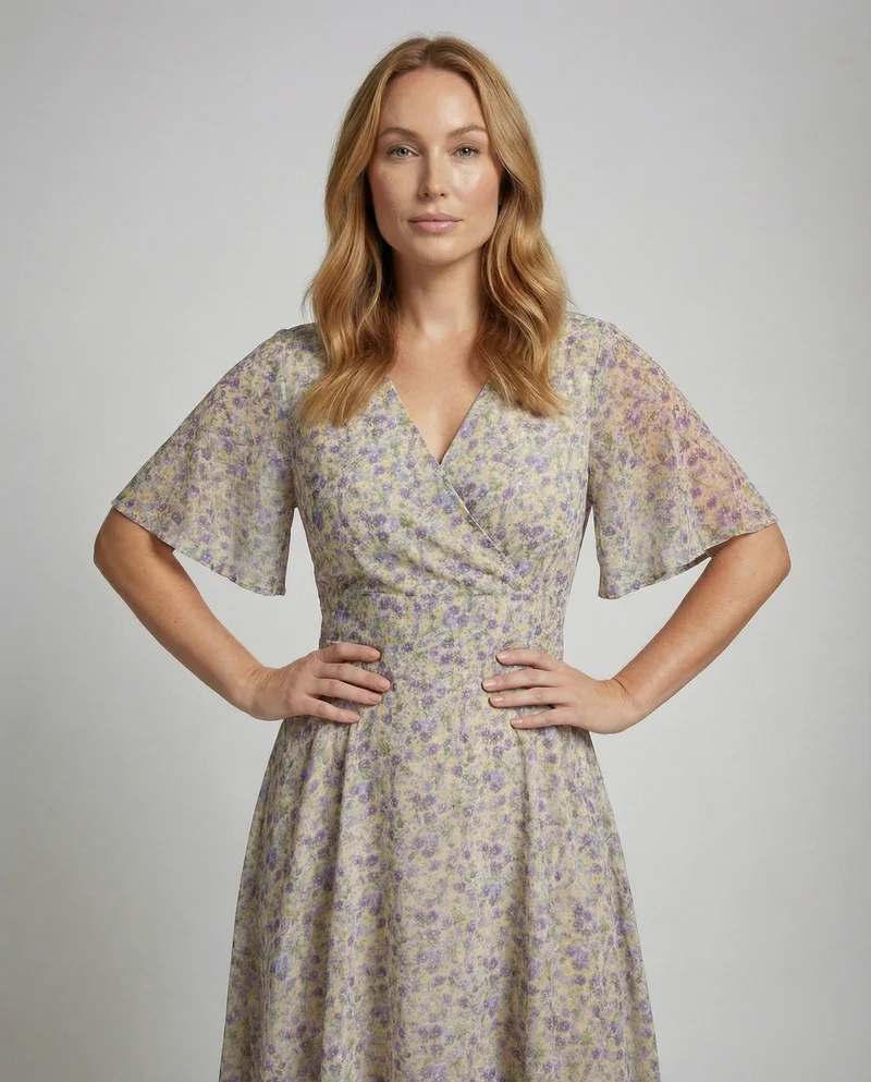 Damen luftiges Chiffon-Swingkleid mit Wickeleffekt