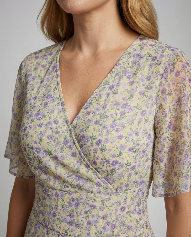 Damen luftiges Chiffon-Swingkleid mit Wickeleffekt
