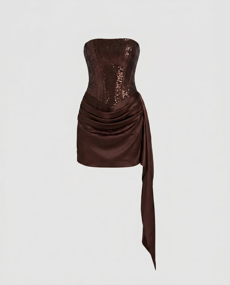 Damen Mini-Sekrete Kleid mit schimmerndem Bustier-Oberteil und asymmetrischer Drapierung