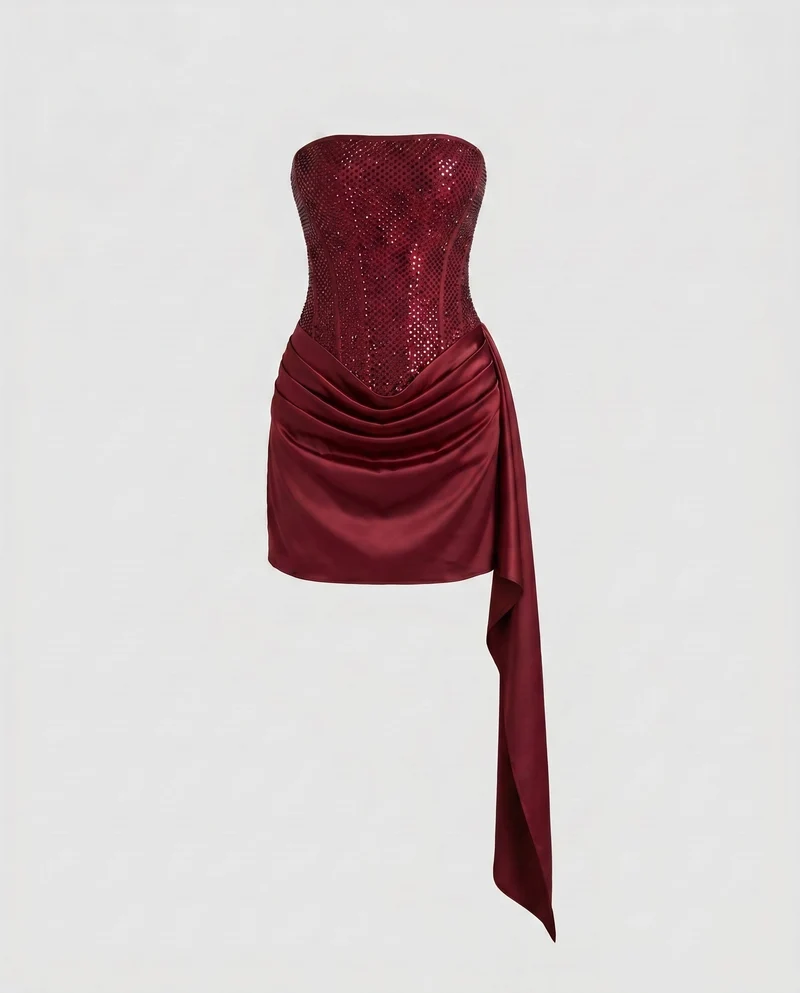 Damen Mini-Sekrete Kleid mit schimmerndem Bustier-Oberteil und asymmetrischer Drapierung