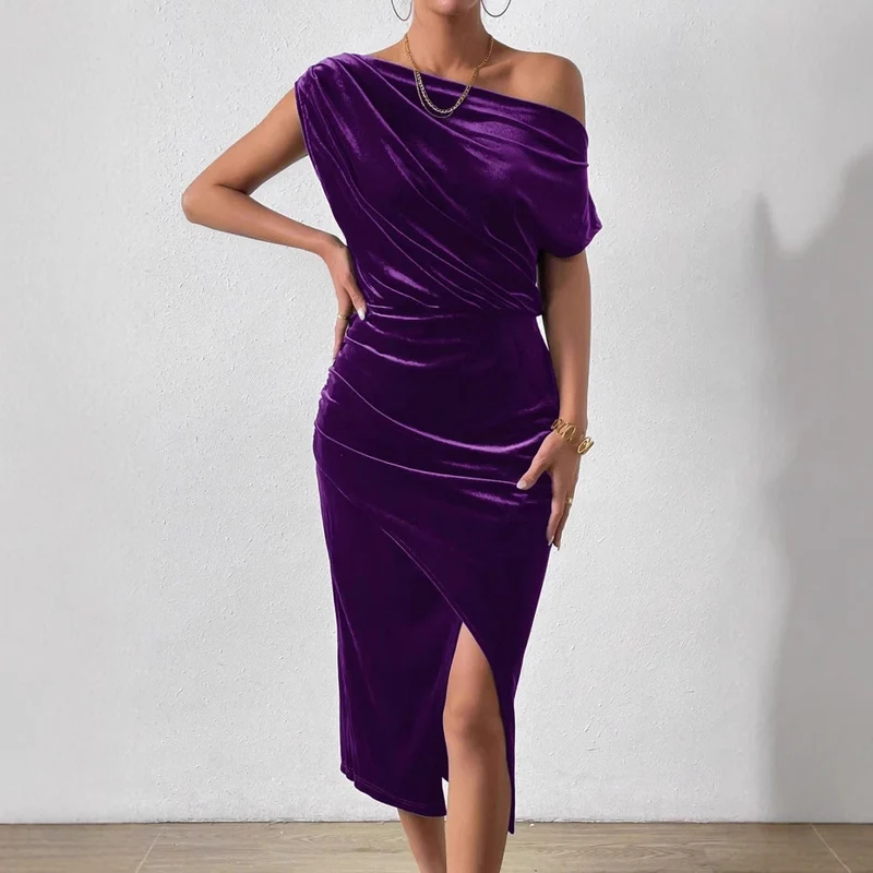 Damen Elegantes Schulterfreies Midikleid im Fließenden Design