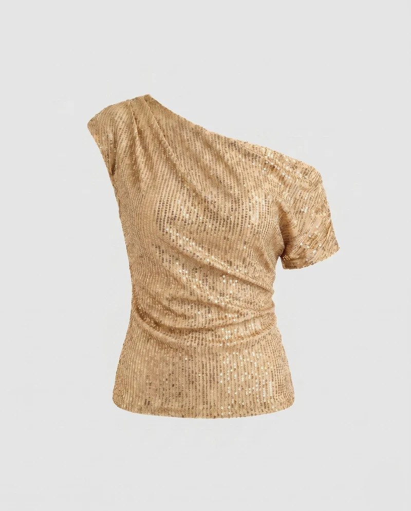 Damen Off-Shoulder Glamour Top mit funkelnden Pailletten und gerafftem Design Nord Taschen