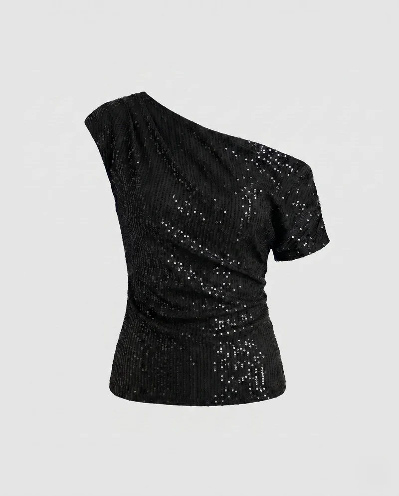 Damen Off-Shoulder Glamour Top mit funkelnden Pailletten und gerafftem Design Nord Taschen