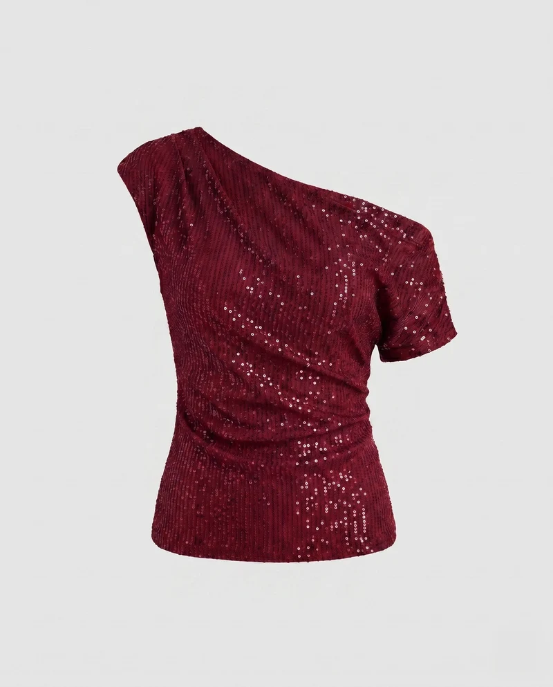 Damen Off-Shoulder Glamour Top mit funkelnden Pailletten und gerafftem Design Nord Taschen
