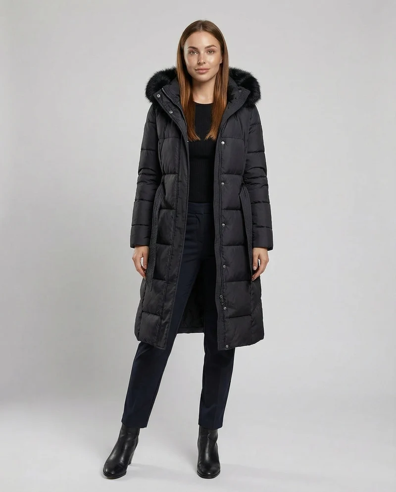 Winterjacke - Stilvolle Schwarze Damenjacke mit Einer Kunstfellkapuze