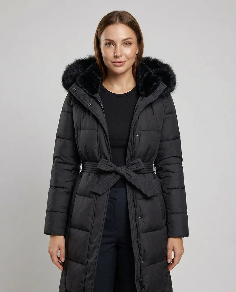 Winterjacke - Stilvolle Schwarze Damenjacke mit Einer Kunstfellkapuze